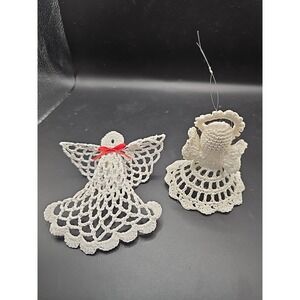 Vintage Starched White Crochet Christmas Angel W/ Halo 3 1/2" Tall‎